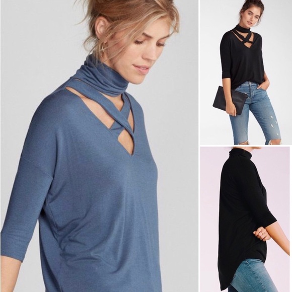Express Blue turtleneck crisscross V neck top- XS - Picture 1 of 5